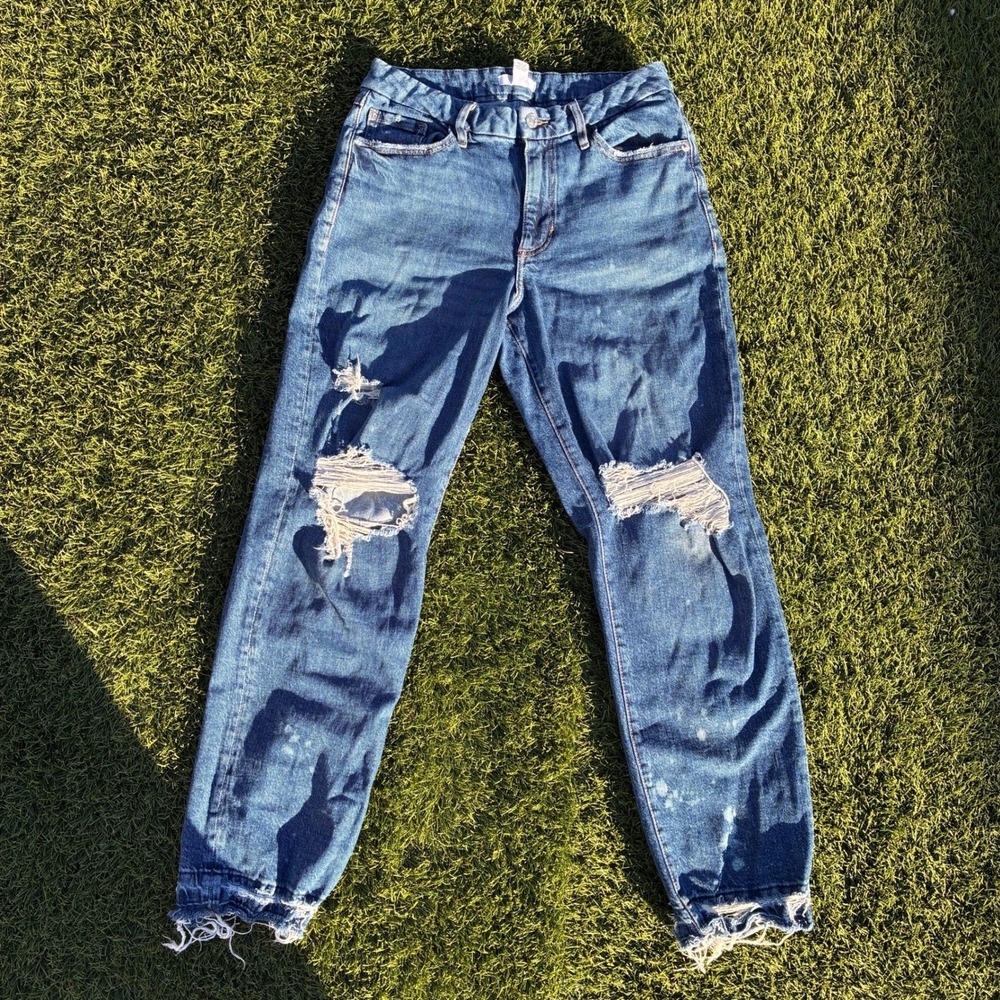 Forever 21 Size 28x29 Distressed Straight Leg Jeans Blue Ripped Raw Hem Y2K Fit